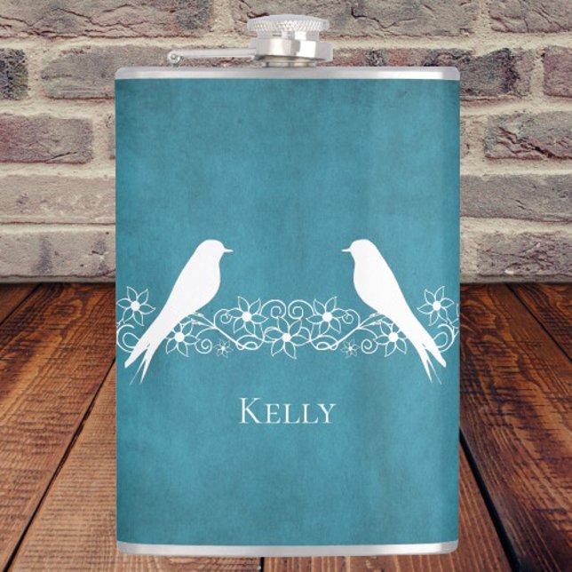 Blue Lovebirds Floral Vine Personalized Flask (Blue Lovebirds Floral Vine Personalized Flask)
