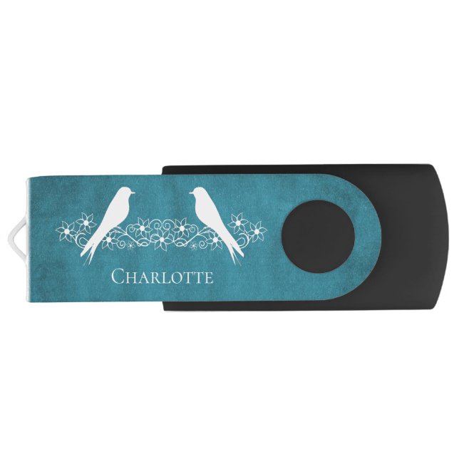Blue Lovebirds Floral Vine USB Swivel Flash Drive (Back)