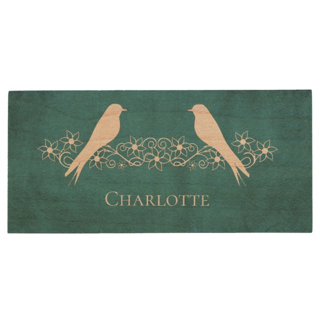 Blue Lovebirds Floral Vine USB Wooden Flash Drive (Back)