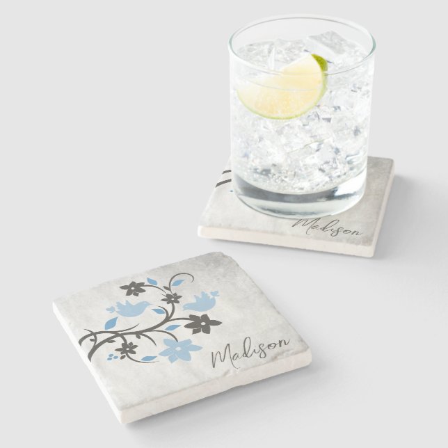 Blue Lovebirds Personalized Stone Coaster (Side)