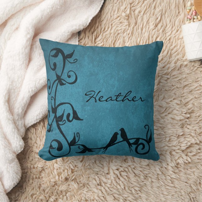 Blue Lovebirds Personalized Throw Pillow (Blanket)