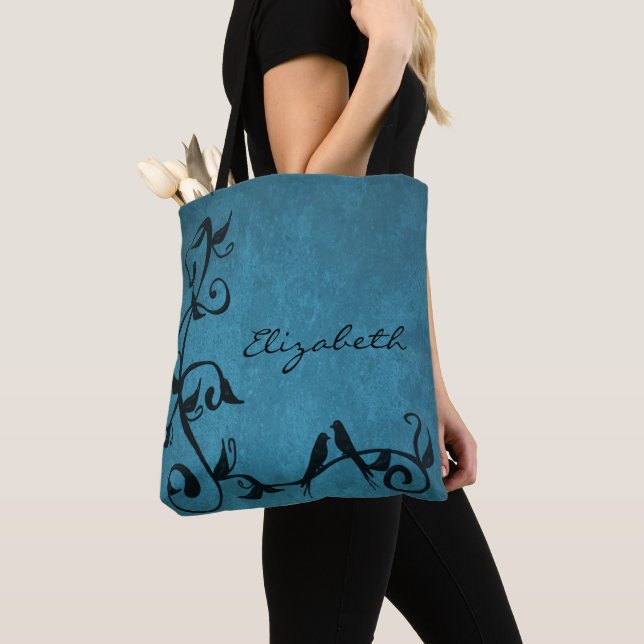 Blue Lovebirds Personalized Tote Bag (Close Up)