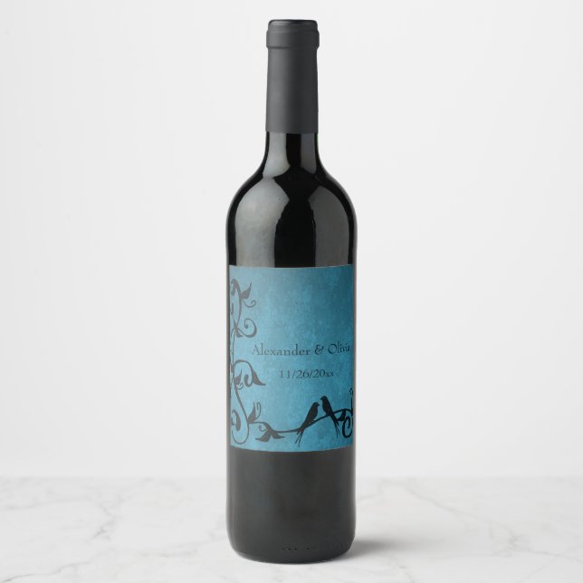 Blue Lovebirds Wedding Wine Label (Front)