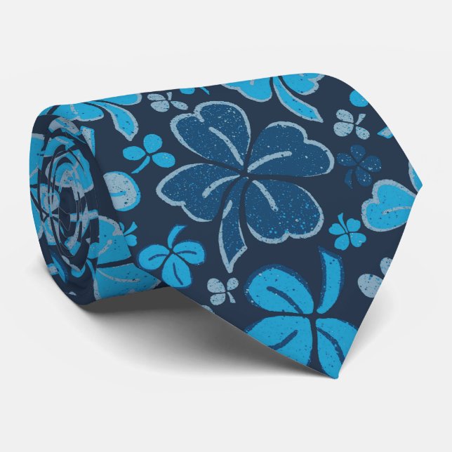 Blue Lucky Clover Shamrock Pattern Neck Tie (Rolled)