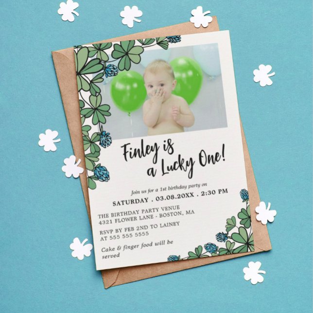 Blue Lucky One Four Leaf Clover 1st Birthday Party Invitation (Creator Uploaded)