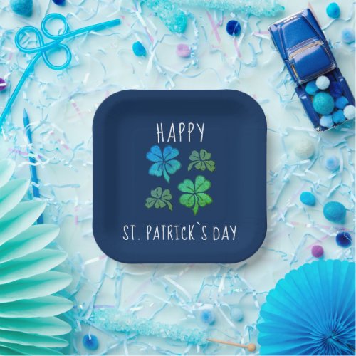 Blue Lucky Shamrock Clover Happy St Patricks day Paper Plates