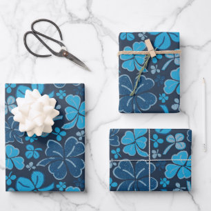 Blue Lucky Shamrocks Clover St. Patrick`s Day Wrapping Paper Sheets