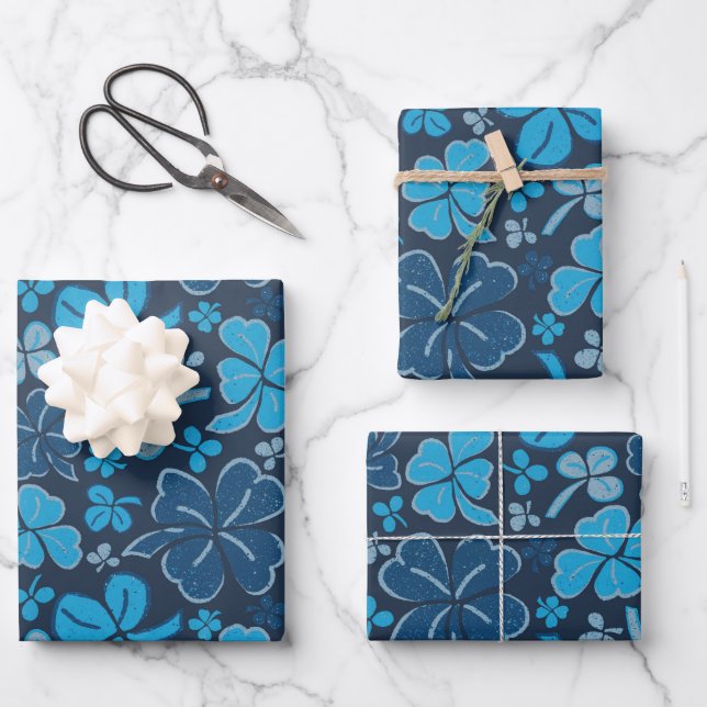 Blue Lucky Shamrocks Clover St. Patrick`s Day Wrapping Paper Sheets (Front)