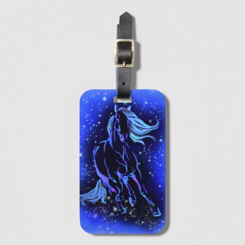Blue Luggage Tag Horse Running In Starry Night 