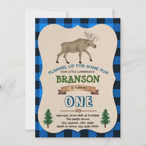 Blue lumberjack moose birthday party invitation