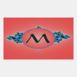 Blue Lush, fractal arabesque with red monogram Rectangular Sticker