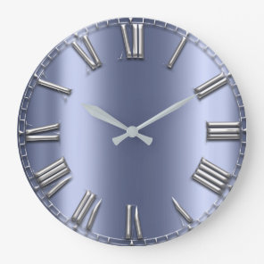 Blue Lux Gray Metallic Grey Silver Roman Numbers Large Clock
