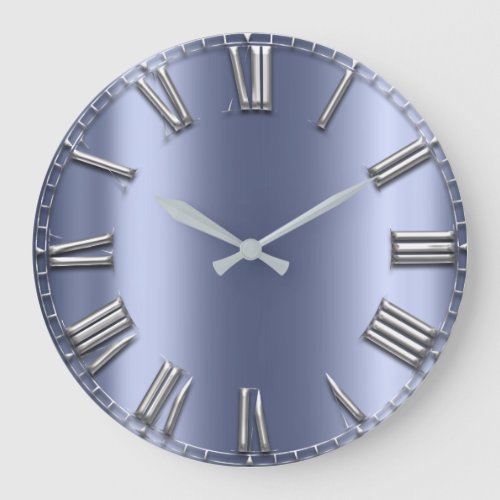 Blue Lux Gray Metallic Grey Silver Roman Numbers Large Clock