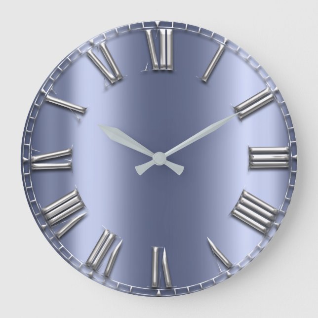 Blue Lux Gray Metallic Grey Silver Roman Numbers Large Clock (Front)
