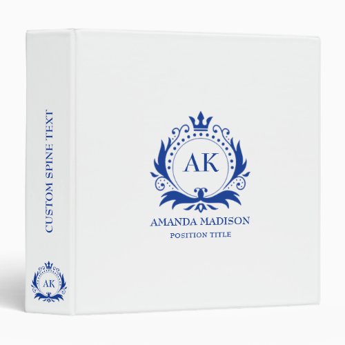 Blue Luxury Crown Wedding Monogram 3 Ring Binder