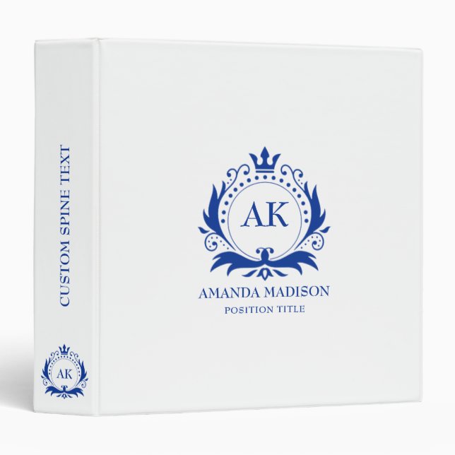 Blue Luxury Crown Wedding Monogram 3 Ring Binder (Front/Spine)