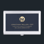 Blue Luxury Gold Initial Logo Business Card Case<br><div class="desc">Simple modern luxury design with brushed metallic gold initial logo medallion with personalized name,  title,  company name or custom text below in classic block typography on a dark blue background. Personalize for your custom use.</div>