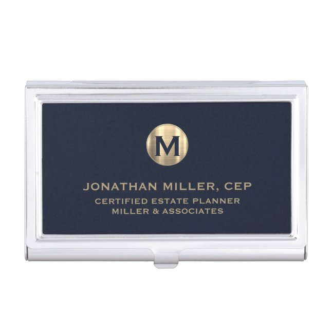 Blue Luxury Gold Initial Logo Business Card Case (Front)