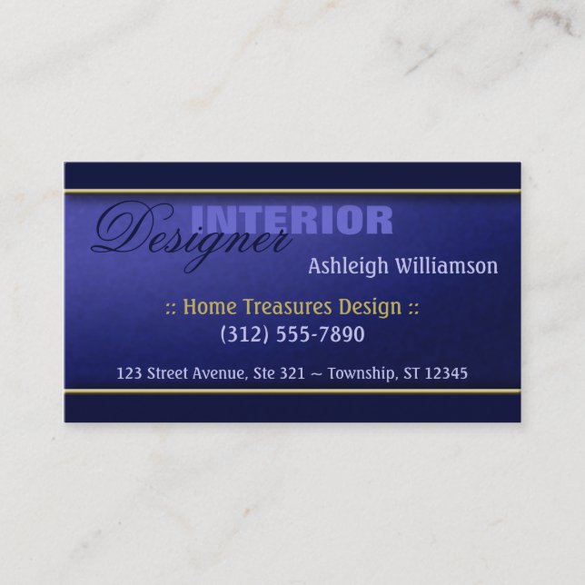 Blue Luxury Interior Designer Business Cards (Front)