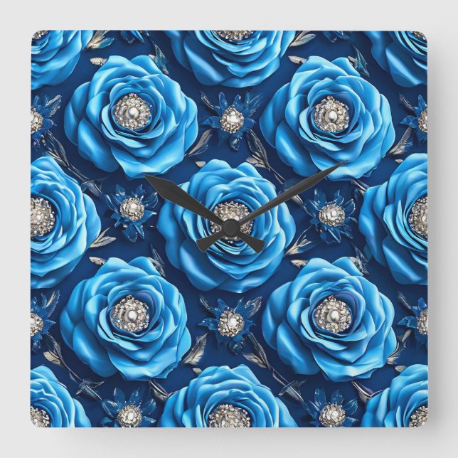 Blue Luxury Rose Design Modern Square Wall Clock (Front)