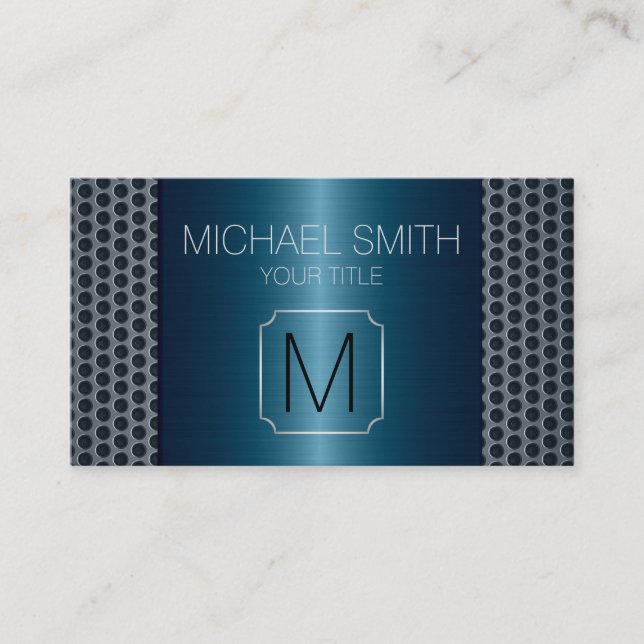 Blue Luxury Stainless Metal Monogram Business Card (Front)