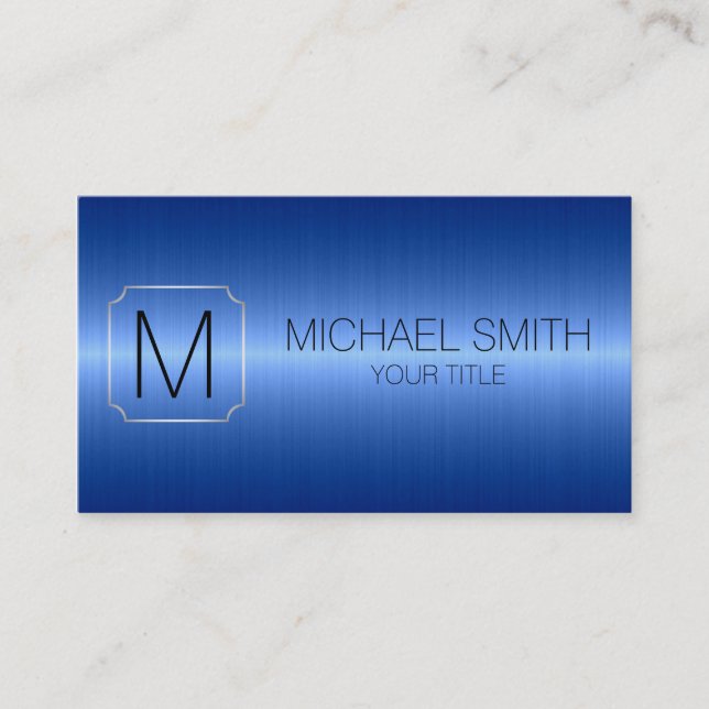 Blue Luxury Stainless Steel Metal Monogram Business Card (Front)