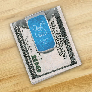 Blue Lyre Background Silver Finish Money Clip