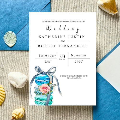 Blue Macaron Dessert floral sea design WEDDING  Invitation