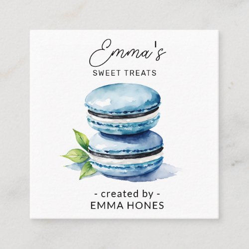 Blue macaron  modern watercolor bakery square business card