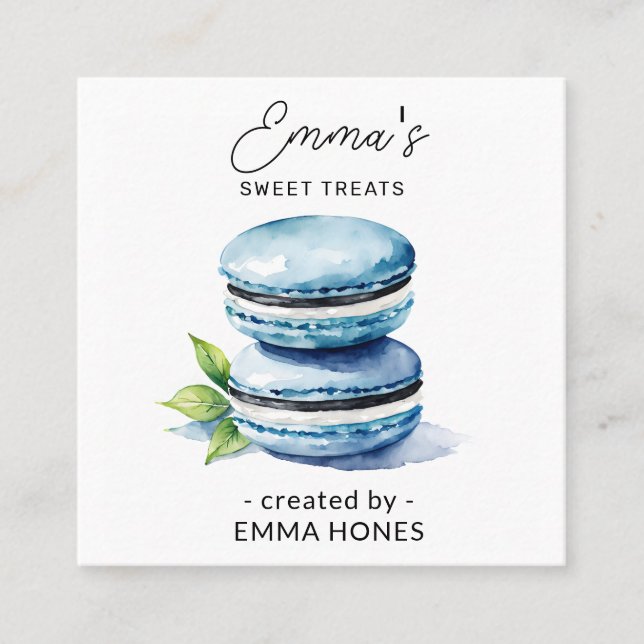 Blue macaron  modern watercolor bakery square business card (Front)