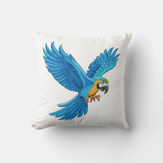 Blue macaw flying throw pillow (Front)