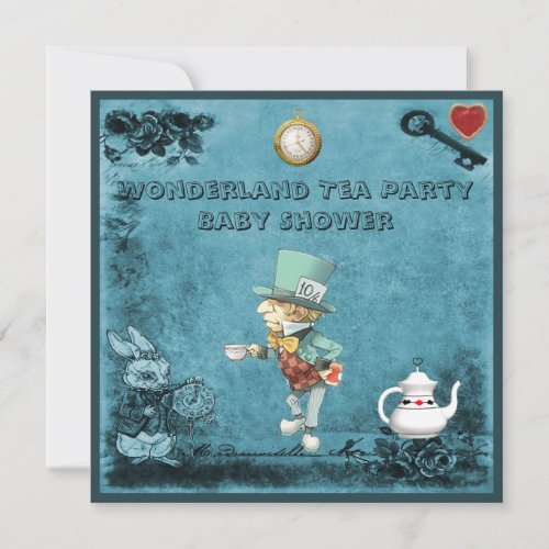 Blue Mad Hatter Wonderland Tea Party Baby Shower Invitation