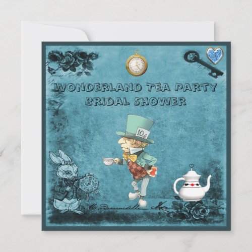 Blue Mad Hatter Wonderland Tea Party Bridal Shower Invitation
