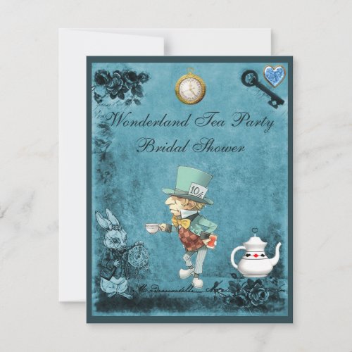 Blue Mad Hatter Wonderland Tea Party Bridal Shower Invitation