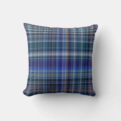 Blue Madras Plaid Stripe Pattern Throw Pillow