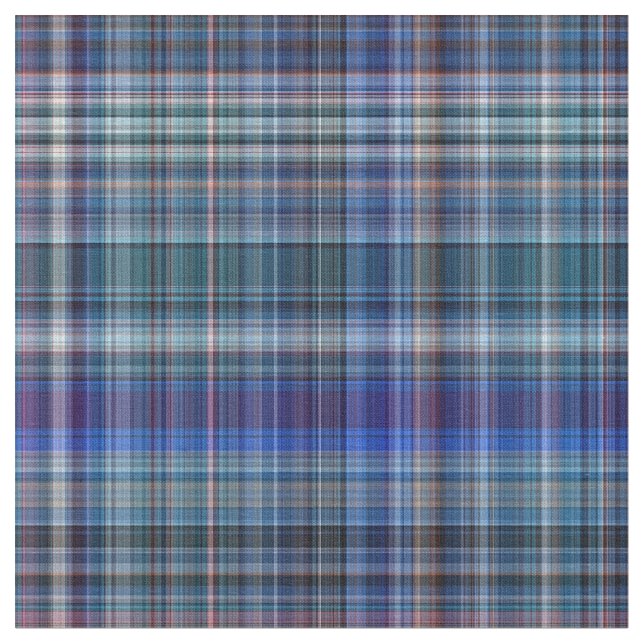 Blue Madras Plaid Stripes Print Pattern Fabric (Close Up)