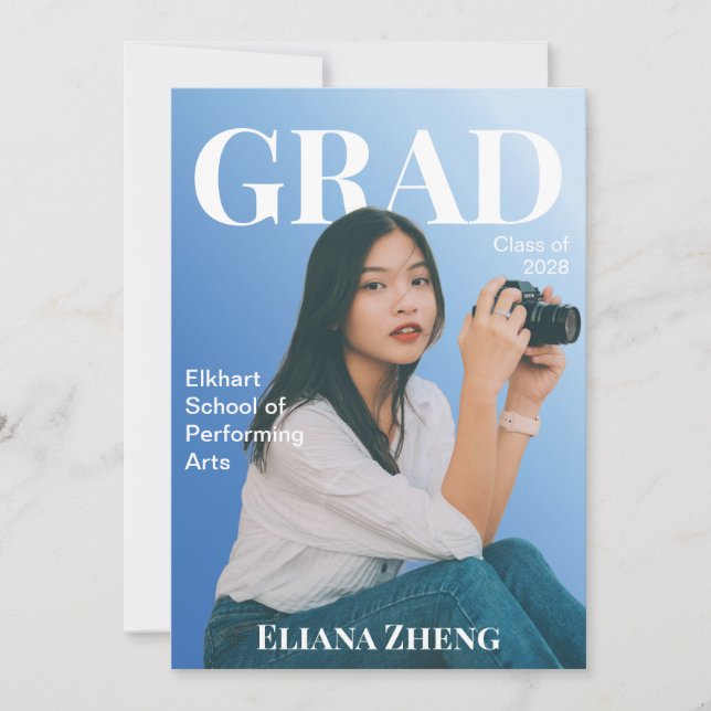 Blue Magazine Graduation Announcement Card (Front)