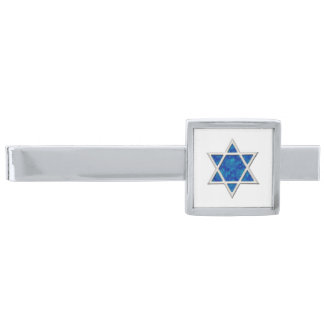 Blue Magen David, Faux Hebrew Numerals, Monogram Silver Finish Tie Bar