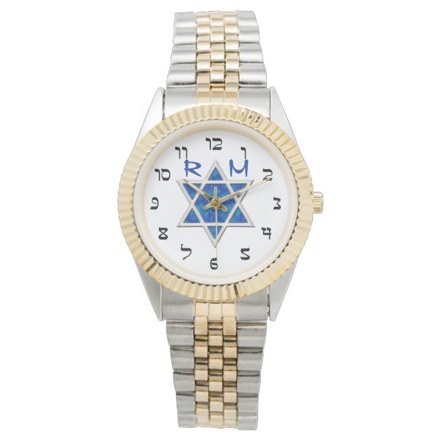 Blue Magen David, Faux Hebrew Numerals, Monogram Watch (Front)