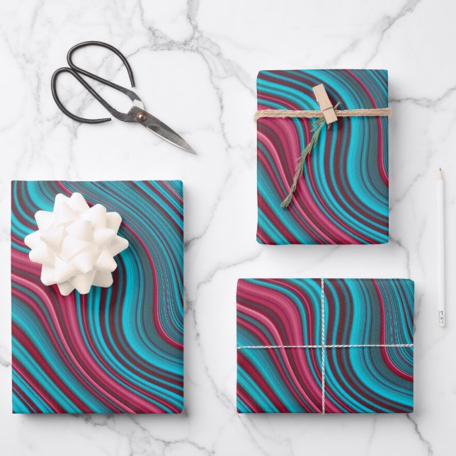 Blue & Magenta Wavy Marbling Agate Abstraction Wrapping Paper Sheets (Front)
