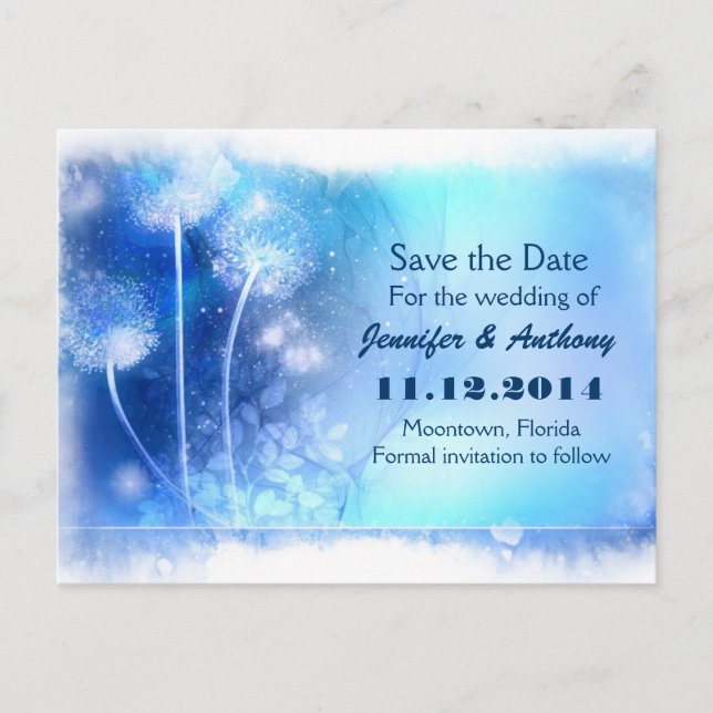 blue magic dandelions save the date postcards (Front)