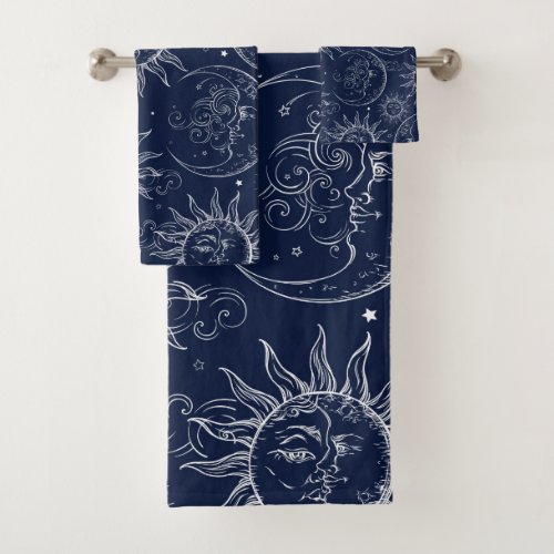 Blue Magic Vintage Celestial Sun Moon Stars Bath Towel Set
