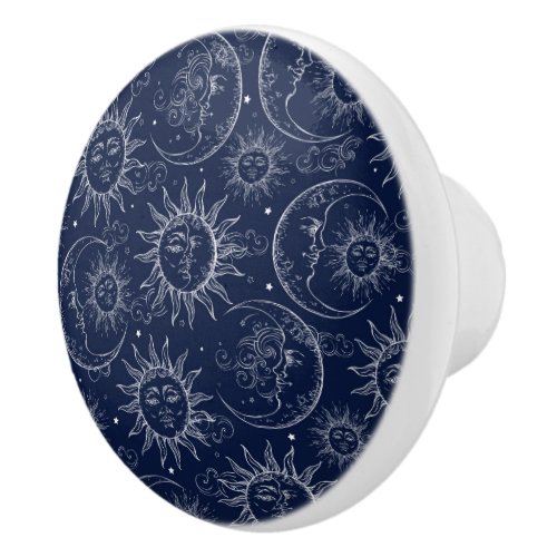 Blue Magic Vintage Celestial Sun Moon Stars Ceramic Knob