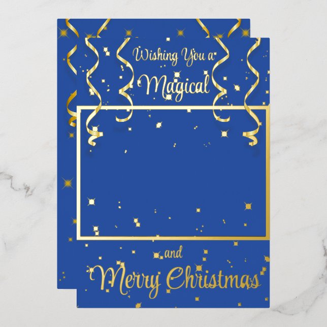 Blue Magical Photo Merry Christmas Greeting Foil Holiday Card (Front/Back)