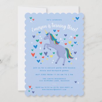 Blue Magical Rainbow Unicorn Birthday Invitation by 2BirdStone at Zazzle