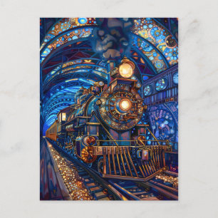 Blue Magical Steampunk Train Loco Faux Mosaic 065 Postcard