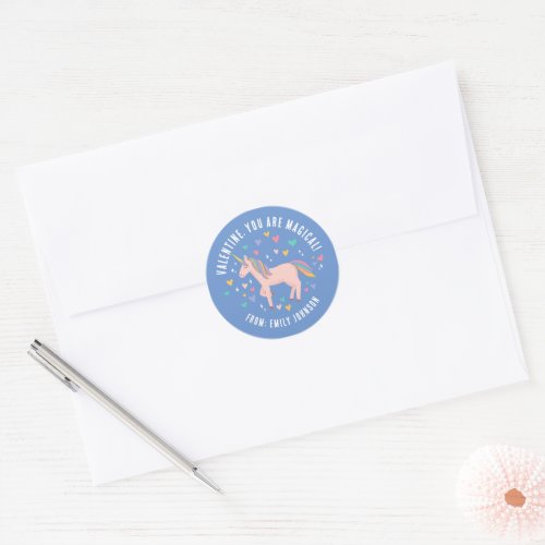 Blue Magical Unicorn Classroom Valentine Gift Classic Round Sticker