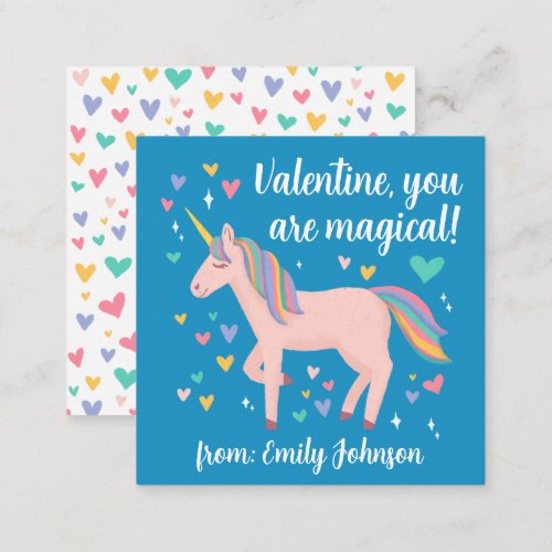 Blue Magical Unicorn Kids Classroom Valentine Card