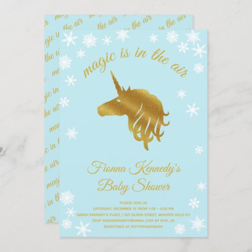 Blue Magical Unicorn Winter Baby Shower Invitation