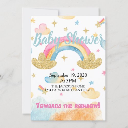 Blue magical Watercolor Rainbow Baby Shower Invitation
